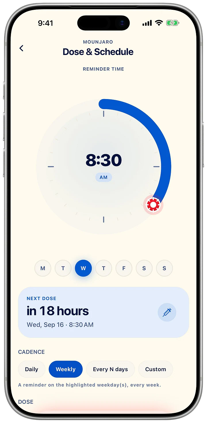 Dose and Schedule: a weekly reminder on the chosen weekday and the time left to the next dose.